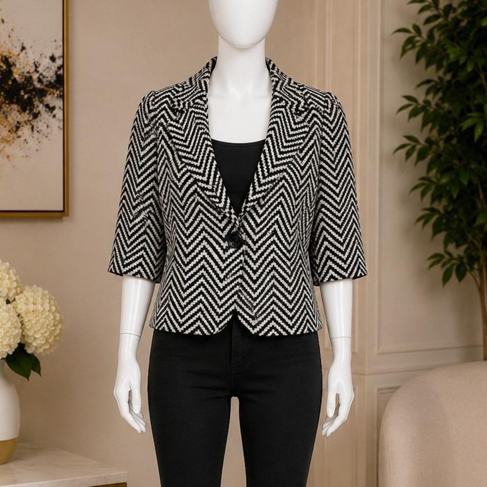 Trina Turk Women Blazer Chevron Zig Zag Cropped 3/4 Sleeve Black Gray 0